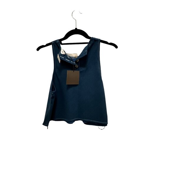 New Cropped Turquoise Cotton Tank with White Stitching and Button Back Closure S - Picture 4 of 5